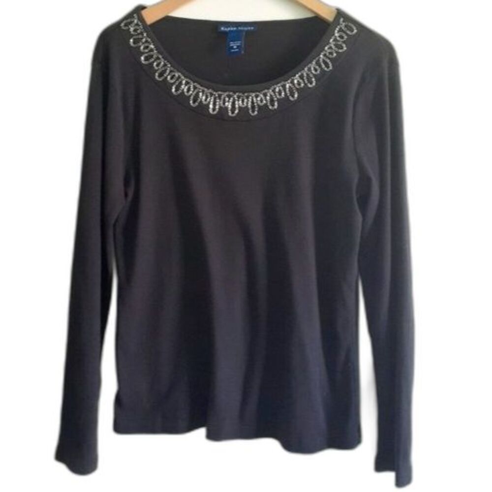 Karen Scott 100% Cotton Beaded Studded Scoop Neckline Black LS Woman's Blouse M
